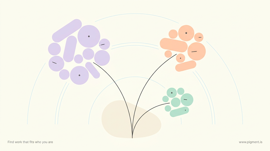 Abstract warm composition: a rounded base form branches into three soft clusters, the largest in pale lavender and the others in peach and mint, joined by thin lines, evoking one family with a broadest member.