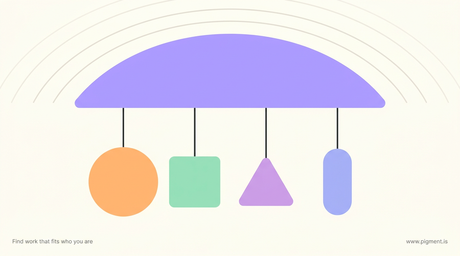 Abstract illustration of a wide canopy sheltering four small branching shapes, one peach circle set forward, showing psychometric testing as an umbrella over aptitude and other test families.