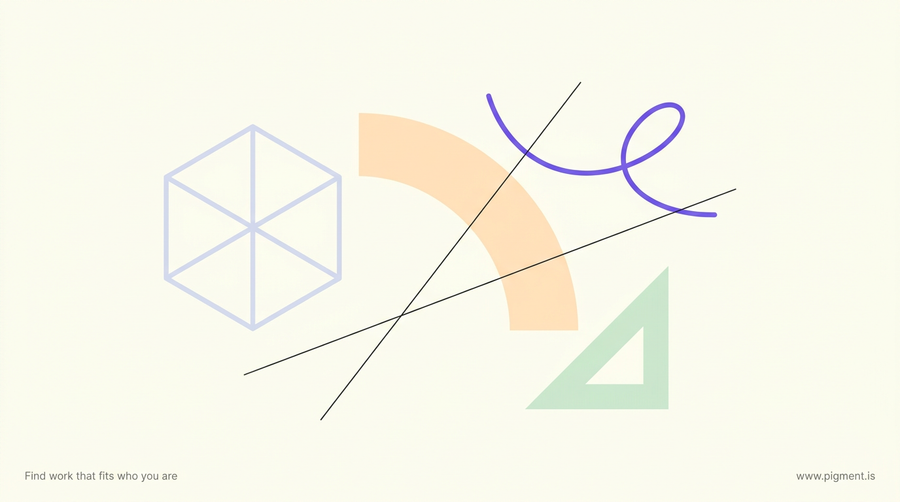 Abstract flat-vector composition on cream: a lavender wireframe cube, a peach compass arc, a mint set-square and thin construction lines, evoking architecture aptitude test drawing practice.