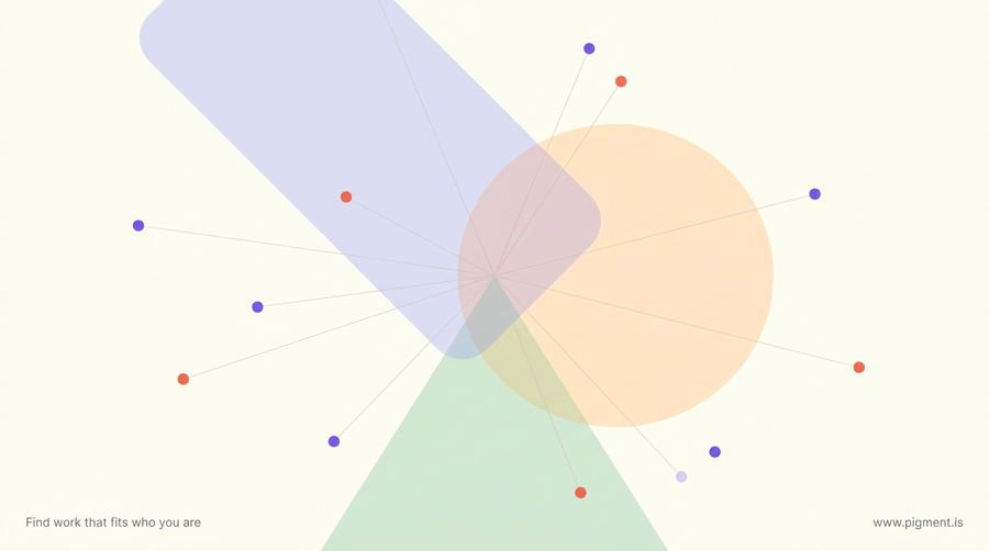 Abstract composition of three overlapping geometric shapes in peach, lavender, and mint on a warm cream background, evoking the three meanings of the Argentina aptitude test.