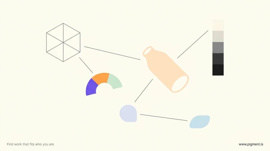 Abstract warm constellation of art-skill shapes on cream: a cube in one-point perspective, a small colour-wheel arc, a soft ellipse, and a light-to-dark value strip, joined by thin lines.