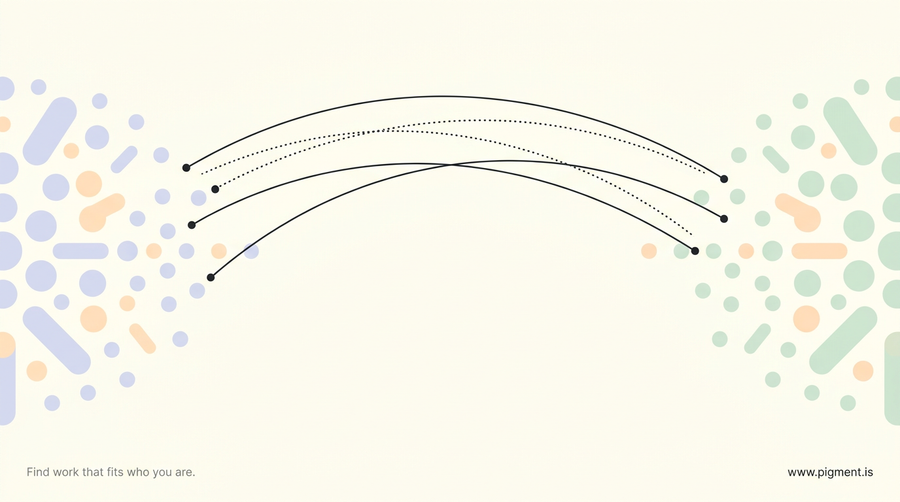 Abstract warm-toned composition of two soft clusters connected by several thin arcing lines, some solid and some dotted, suggesting a message reaching across a gap by more than one channel.