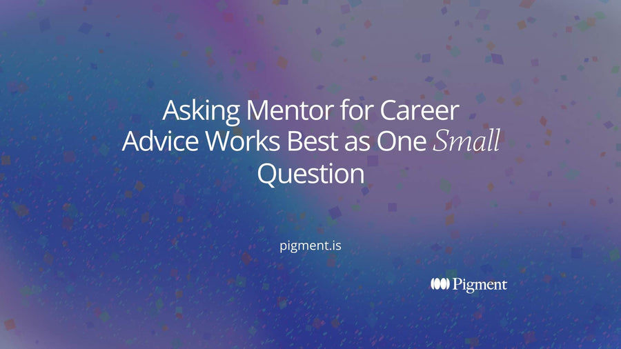 Abstract hero for an article on asking a mentor for career advice: a small peach circle linked by a thin line to a larger lavender circle, one question reaching one person.