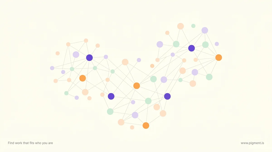 Abstract warm constellation of soft circles and thin lines forming three gently overlapping clusters, evoking connected 21st century skills on a cream background.