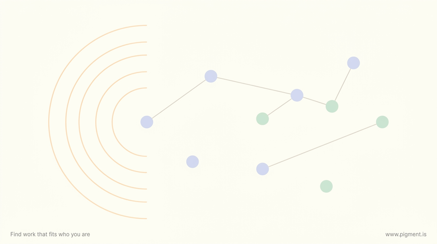Abstract warm composition of concentric sound-wave arcs and small connected dots on cream, suggesting listening broken into measurable parts.