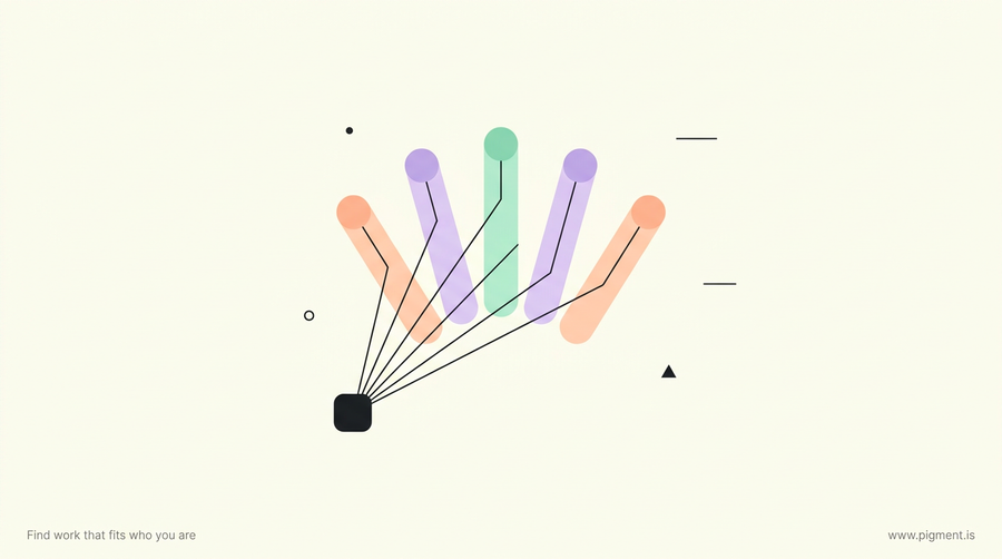 Abstract geometric illustration of fingertip-like forms in peach, lavender and mint on a cream background, evoking hand coordination and an assessment for fine motor skills.