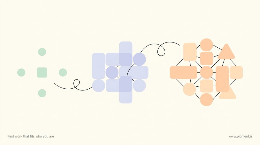 Abstract geometric shapes in mint, lavender, and peach on cream, small and sparse on the left growing into larger connected forms on the right, an emblem for building math skills across grade levels.