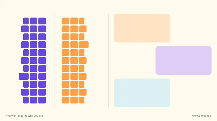 Abstract Pigment-palette composition of two vertical stacks of small squares in four sizes on warm cream, evoking the 36-item rating grid of the assessment of motor and process skills form