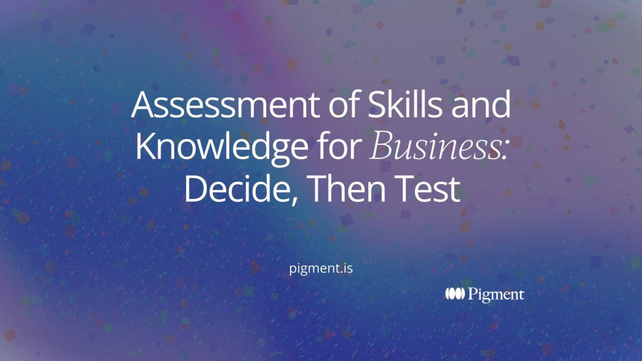 Abstract cover for an article on the assessment of skills and knowledge for business: one violet circle with three pale shapes branching from it.