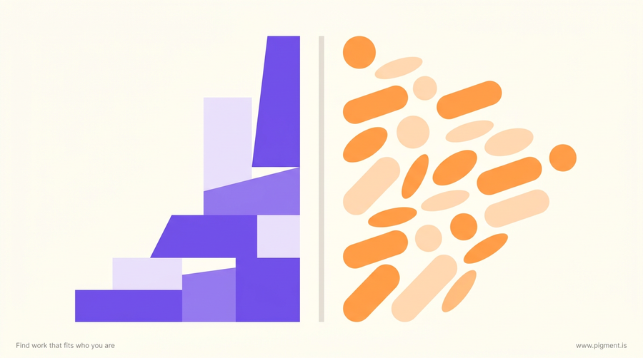 Abstract warm-palette composition: a violet and lilac stack climbing upward on the left and a field of orange and peach forms all leaning one way on the right, split by a central line, evoking capacity versus disposition.