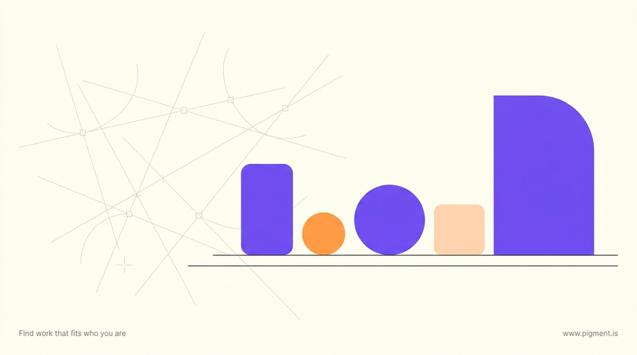 Abstract flat-vector composition of drafting construction lines, arcs and grid marks resolving into a small group of solid geometric forms, in violet, orange and pale peach on warm cream