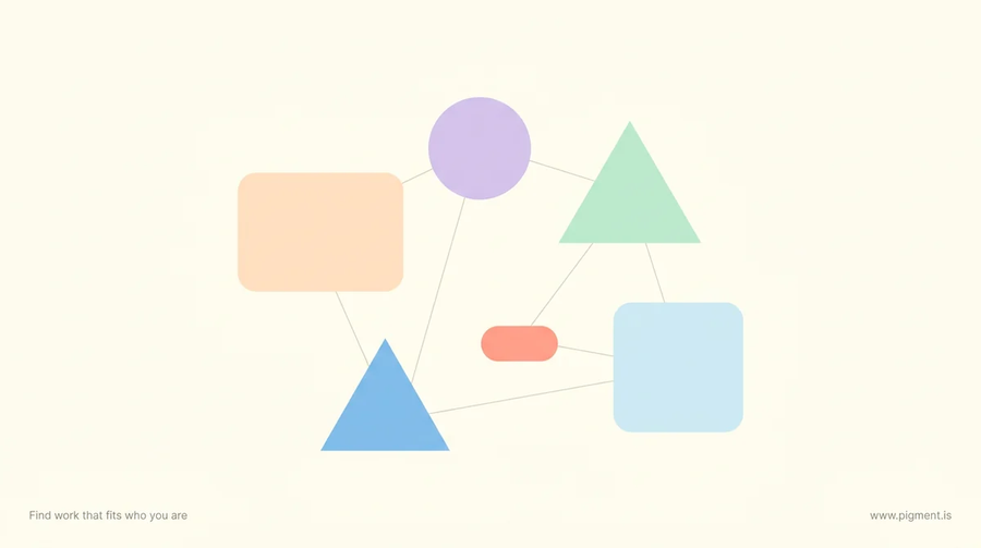 Abstract warm geometric composition of five linked shapes representing the five Barclays aptitude test question types on a cream background.