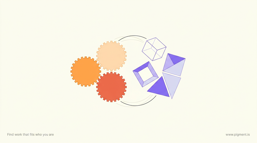 Abstract flat-vector illustration of interlocking gears beside a rotating cube and folding-paper shapes, representing the mechanical and spatial halves of the Barron's aptitude test.