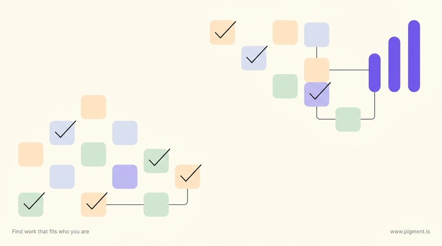 Abstract geometric composition in warm cream with peach, lavender and mint rounded squares and violet bars, evoking a printable basic computer skills assessment.