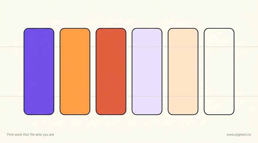 Abstract flat vector composition: six identical outlined frames in a row on warm cream, each holding a different interior colour, one left empty, illustrating one fixed shape with different contents.