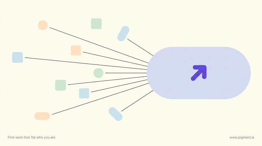 Abstract warm-toned illustration: eight small peach, mint, and ice-blue shapes connected by thin lines that converge on one lavender panel holding a violet arrow, suggesting many tools resolving into one direction.