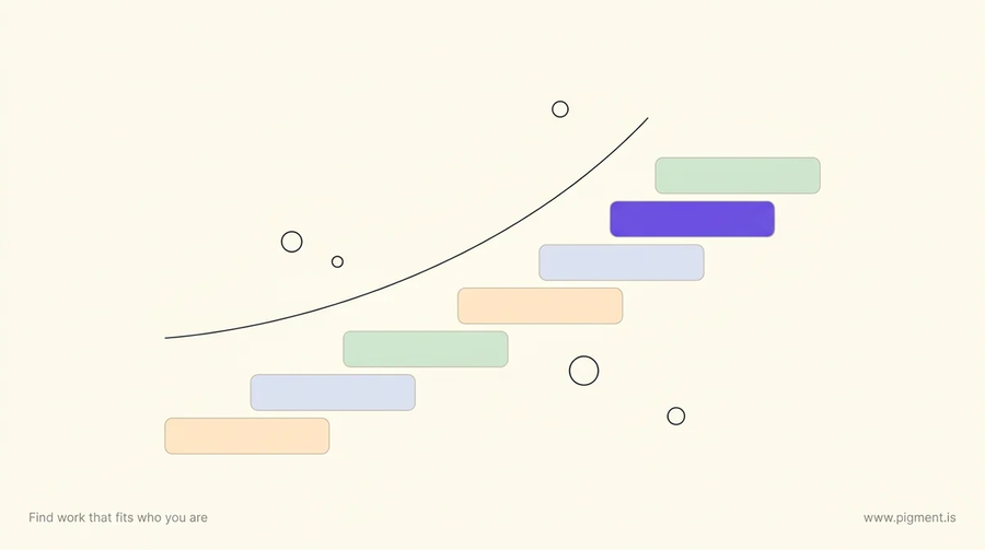 Abstract Pigment illustration for the best career advancement advice 2025: peach, lavender, and mint rounded blocks rising like a staircase toward a violet block, a ranked path upward.
