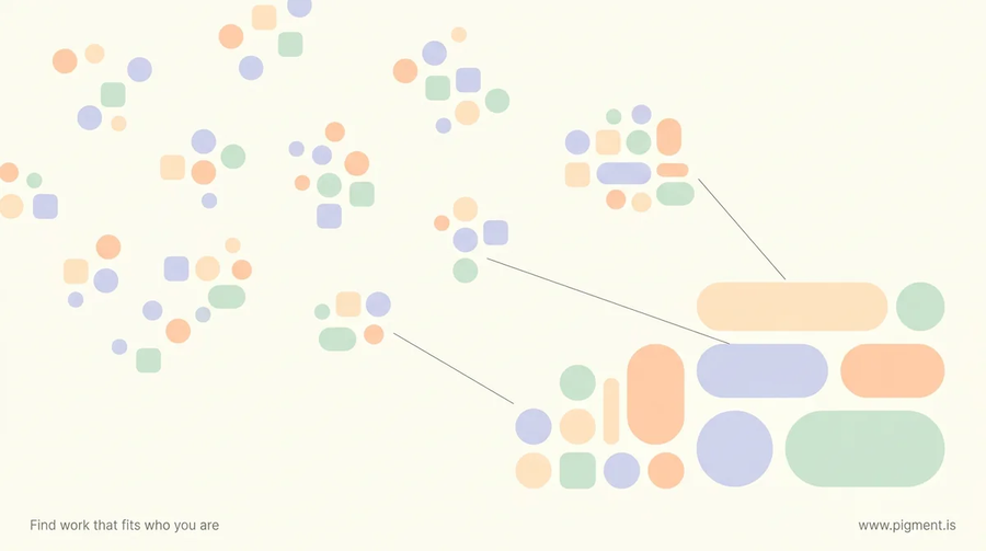 Abstract Pigment composition of many small peach, lavender, and mint shapes converging into a few larger forms on a cream background, evoking the best career advice from leaders distilled into a handful of lessons.