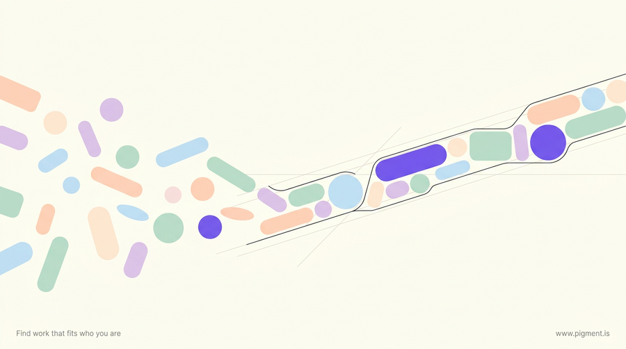 Abstract warm geometric composition of scattered advice-shapes converging into one fitted path, in peach, lavender, and mint on cream, for a best career advice guide.