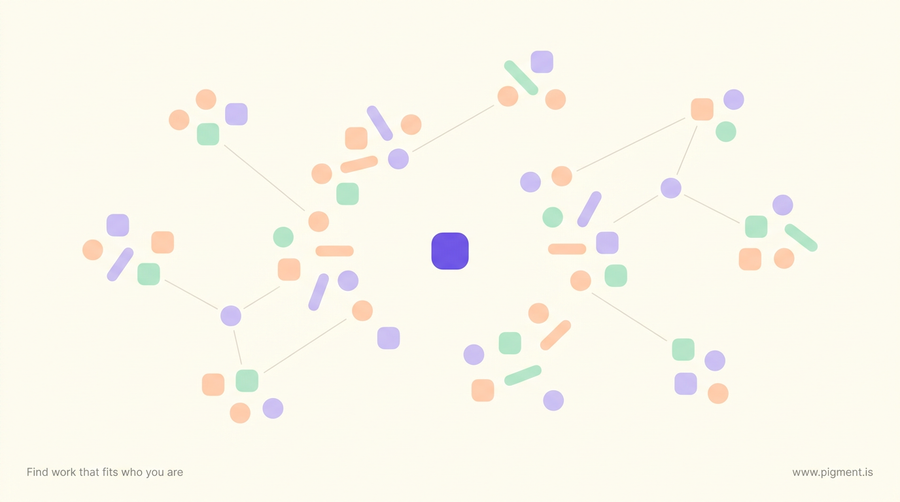 Abstract Pigment illustration of many small peach, lavender, and mint career-test tokens on cream, with one violet token set apart as the best fit.