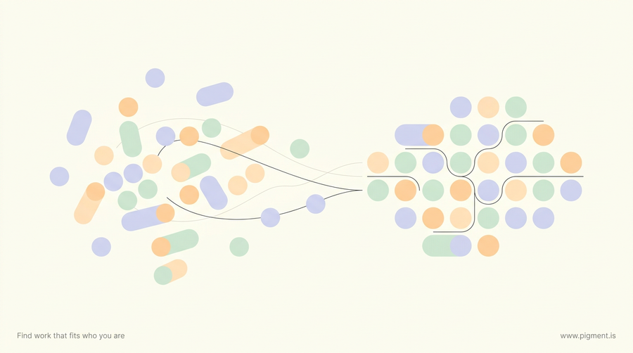 Abstract warm constellation of lavender, peach, and mint geometric shapes drifting from a scattered arrangement into a balanced one, evoking a career changer finding work that fits.