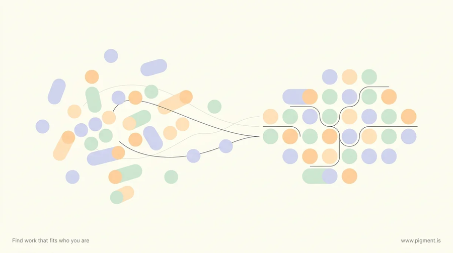 Abstract warm constellation of lavender, peach, and mint geometric shapes drifting from a scattered arrangement into a balanced one, evoking a career changer finding work that fits.