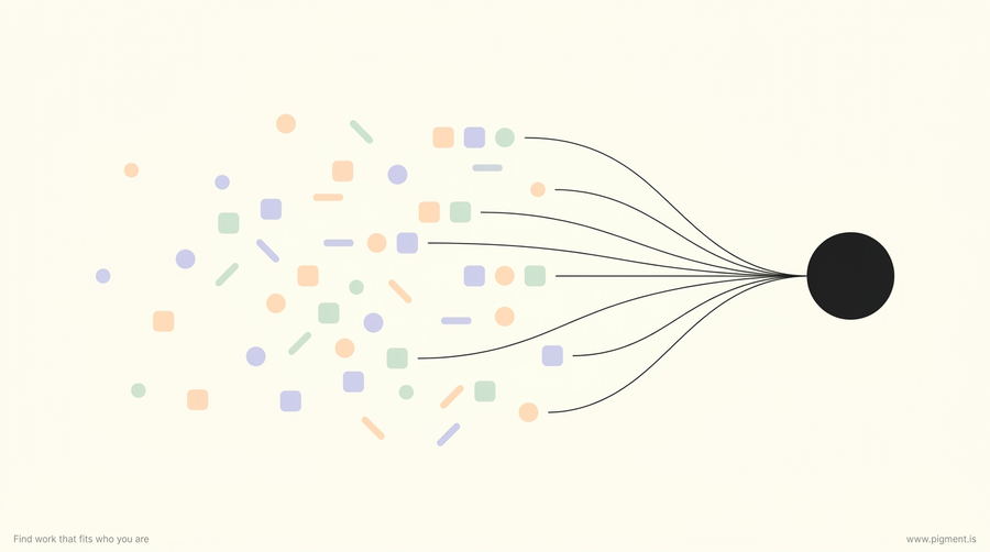 Abstract cream illustration: scattered peach, lavender, and mint shapes on the left converge along thin charcoal lines into a single charcoal circle on the right, evoking many career tests narrowing to one major.