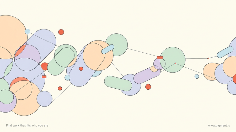 Abstract warm-toned constellation of overlapping thin-outlined circles and rounded shapes in peach, lavender and mint on cream, suggesting many career directions narrowing toward one.
