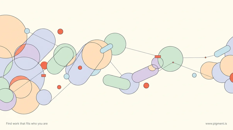 Abstract warm-toned constellation of overlapping thin-outlined circles and rounded shapes in peach, lavender and mint on cream, suggesting many career directions narrowing toward one.