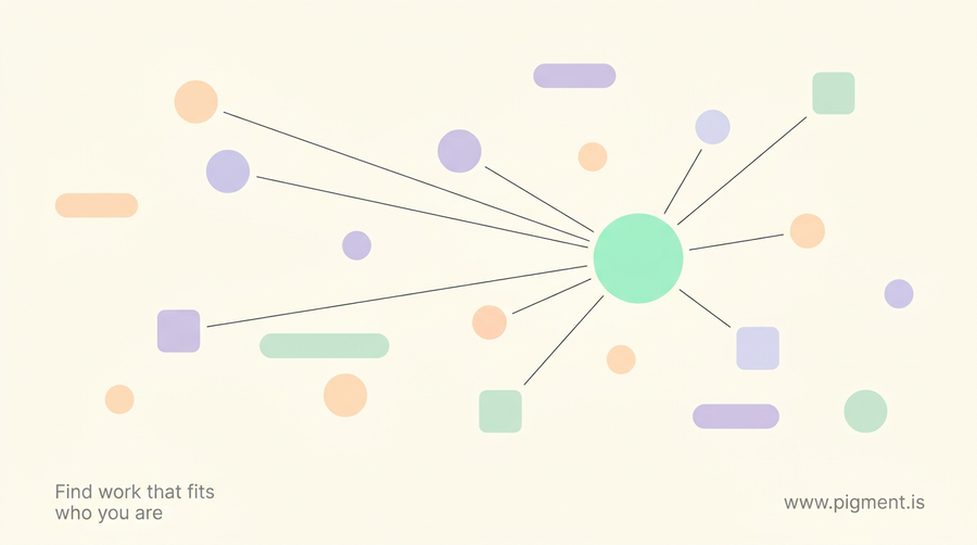 Abstract warm composition of peach, lavender and mint rounded shapes on cream, several linked by thin lines converging on one brighter shape, evoking finding the career change that fits at 40.