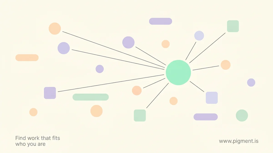 Abstract warm composition of peach, lavender and mint rounded shapes on cream, several linked by thin lines converging on one brighter shape, evoking finding the career change that fits at 40.