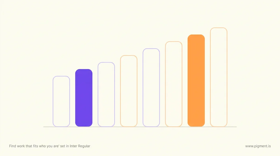 Abstract graphic of eight rounded upright forms rising in a shallow arc on warm cream, two filled solid violet and orange, the other six drawn as pale lilac and peach outlines.