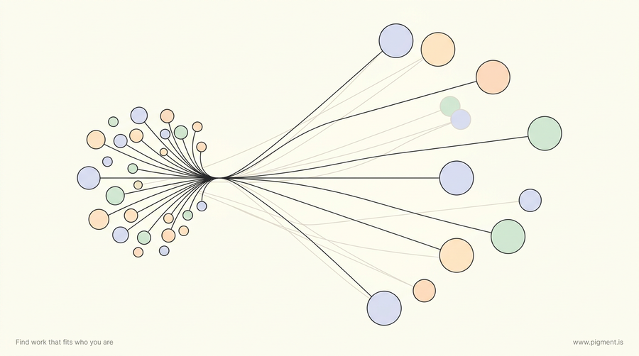 Abstract warm-toned constellation of connected dots and thin lines in peach, lavender and mint on cream, suggesting HR skills branching into many new career paths.