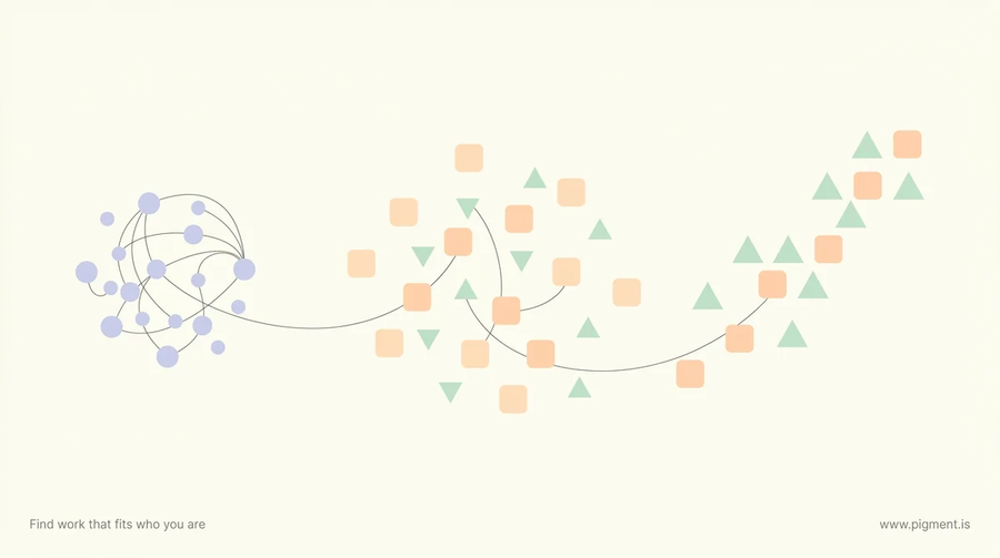 Abstract warm-cream illustration of three drifting clusters of pastel shapes suggesting the deciding, exploring, and transitioning stages of a career change guided by different apps.
