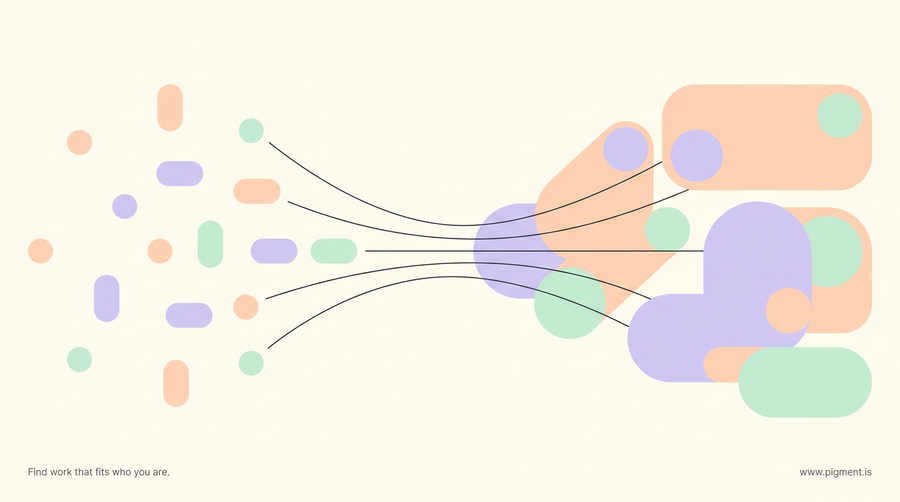 Abstract warm geometric composition in peach, lavender and mint on cream, small rounded shapes on the left flowing into a few larger confident forms on the right, suggesting experience compounding into new career directions at 60.