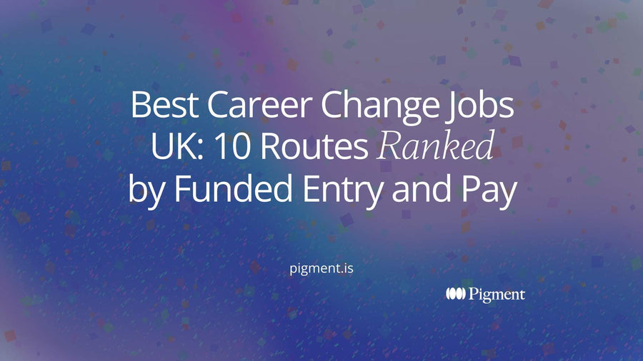 Abstract Pigment composition for the best career change jobs UK guide: two clusters of rounded violet and orange bars on warm cream, joined by thin arcs, standing for desk routes and trade routes compared side by side