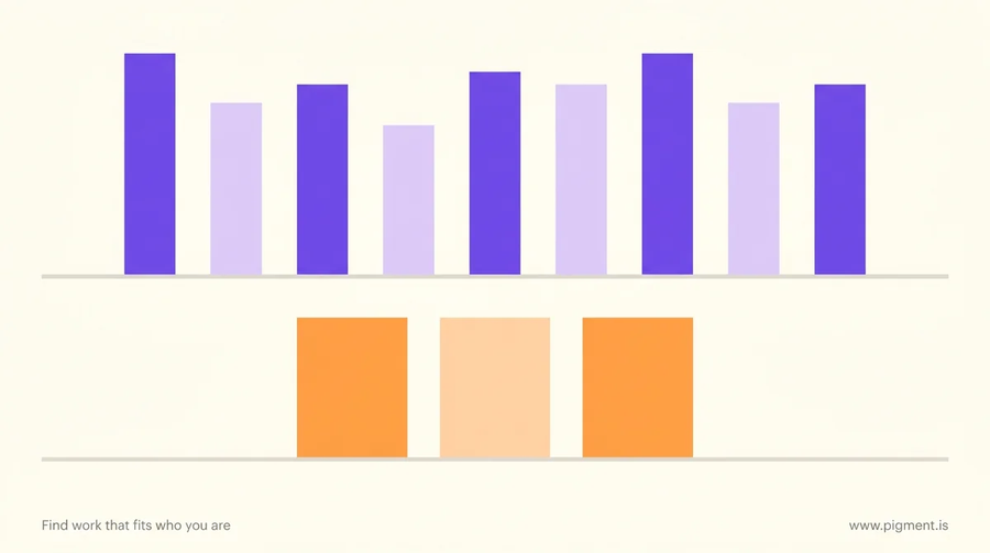 Abstract graphic of two book shelves on warm cream: a long upper row of violet and lilac spines for the counselor's shelf and a much shorter lower row of orange and peach spines for the career changer's.