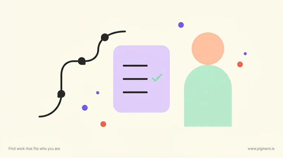 Abstract warm composition for the best career planning and goal setting services 2025: a winding route, a checklist track, and a guiding arc, in peach, lavender and mint on cream