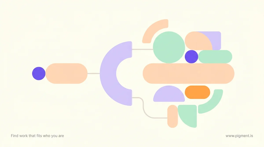Abstract warm-toned composition of soft rounded shapes fanning out from a central point, representing the range of career planning services in Alberta.