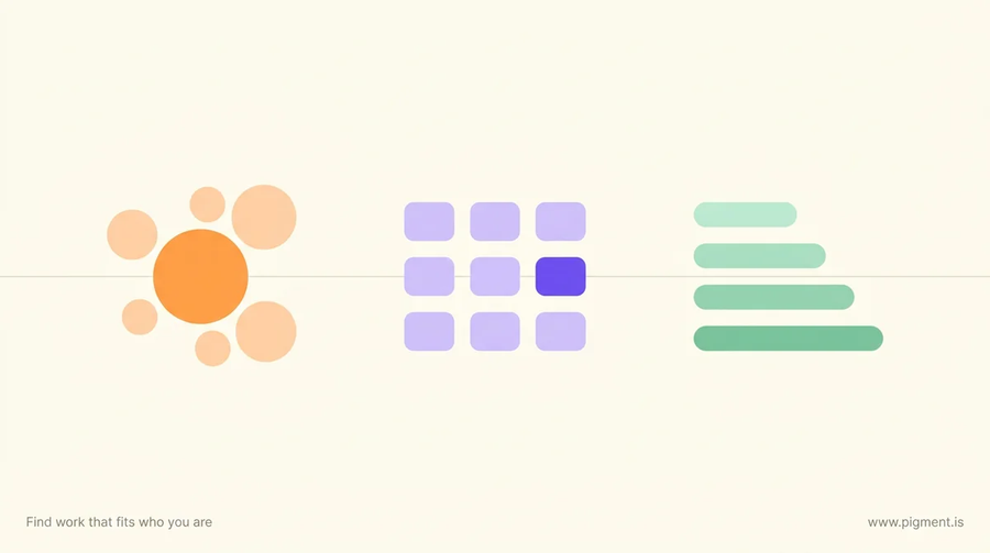 Abstract flat-vector composition in peach, lavender and mint on warm cream, showing three separate clusters of geometric shapes to represent the three kinds of career planning tools