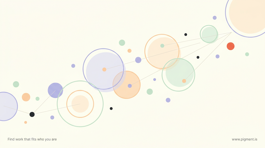 Abstract Pigment constellation of lavender, peach, and mint circles linked by thin lines on cream, evoking an engineer's traits connecting into a fitting career direction.