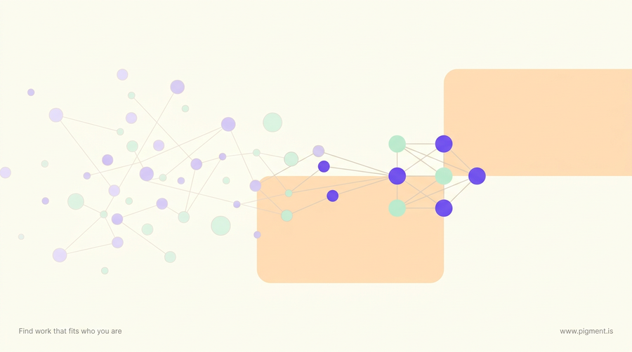 Abstract geometric artwork in warm cream with peach, lavender and mint dots that drift in scattered and gather into focused clusters, illustrating a career test for introverts turning a reading into direction.