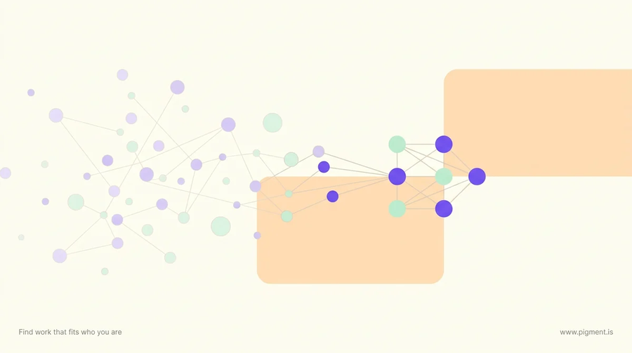 Abstract geometric artwork in warm cream with peach, lavender and mint dots that drift in scattered and gather into focused clusters, illustrating a career test for introverts turning a reading into direction.