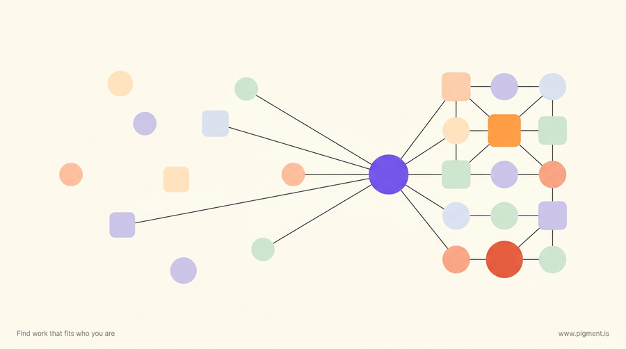 Abstract constellation of peach, lavender and mint nodes linked by thin lines on cream, drifting from a loose scatter into an ordered cluster, evoking a nurse's traits resolving into a career fit.