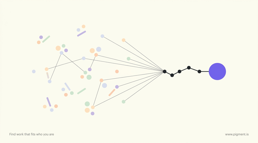 Abstract Pigment constellation on cream: scattered peach, lavender and mint dots on the left gather along thin charcoal lines into a single path ending in one calm violet circle on the right.