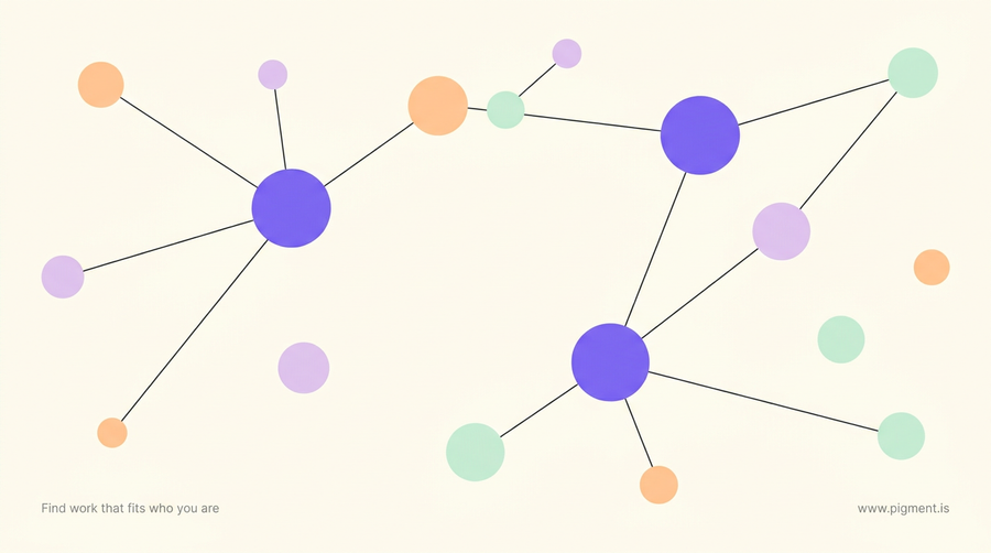 Abstract warm-toned constellation of soft circles connected by thin lines, in peach, lavender and mint on a cream background, evoking a student mapping possible careers.