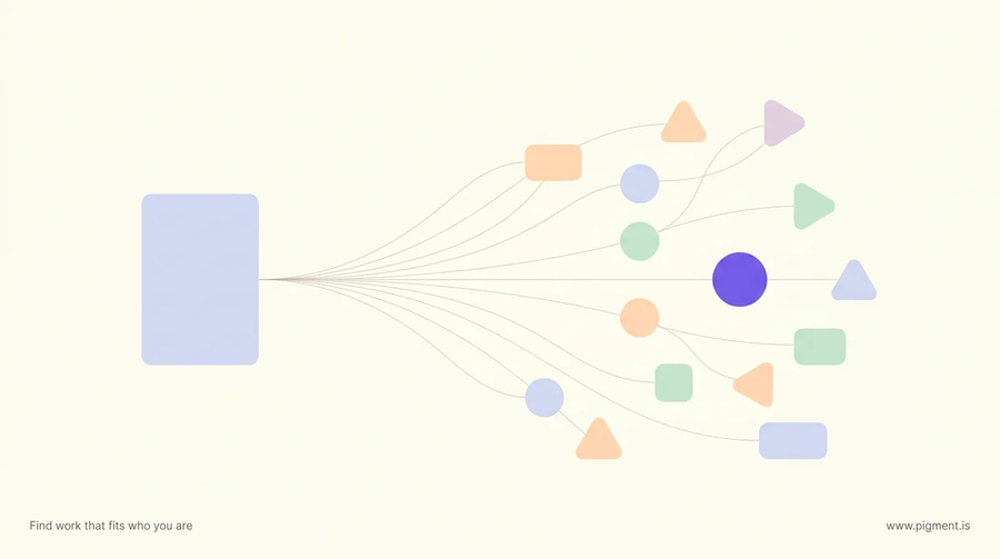 Abstract cream illustration of a lavender classroom-board shape with thin lines fanning into a constellation of peach, mint, and lavender destination shapes, evoking a teacher's paths beyond the classroom.