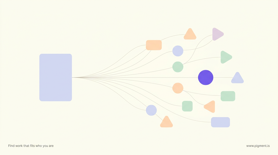 Abstract cream illustration of a lavender classroom-board shape with thin lines fanning into a constellation of peach, mint, and lavender destination shapes, evoking a teacher's paths beyond the classroom.
