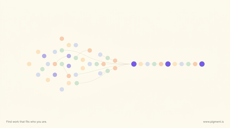 Abstract warm illustration of small peach, lavender, mint, and violet circles moving left to right from a scattered cluster into an ordered line, suggesting a teenager's shifting choices settling into a career direction.
