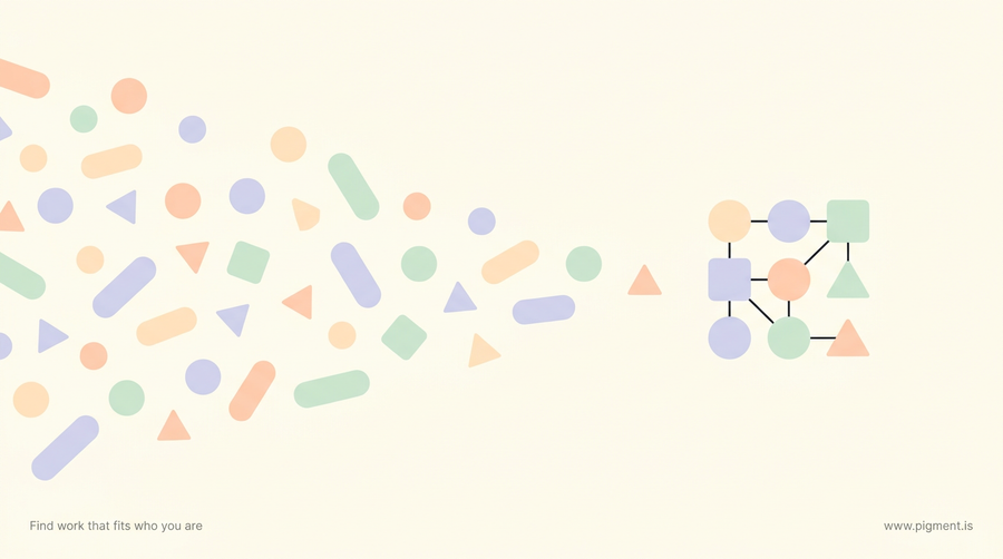 Abstract geometric composition in peach, lavender, and mint on warm cream: scattered small shapes on the left resolving into one aligned constellation on the right, evoking a best fit career finder narrowing many options into a shortlist.